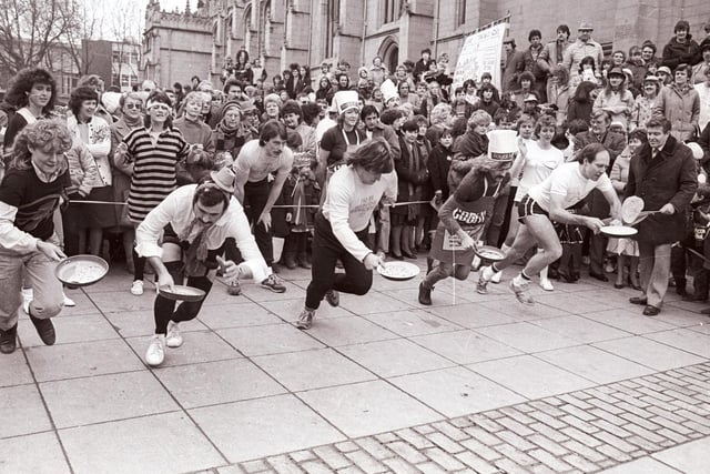 Do you remember the pancake day races in Wakefield precinct? Runners were off to a flying start during this event.