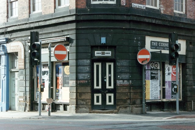 View showing the empty premises of the Corner Shop on junction of Great George Street with Cookridge Street.