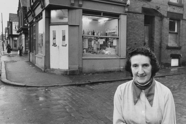 Beatrice Butt outside the corner shop she ran with her husband Arthur on Domestic Street in Holbeck.