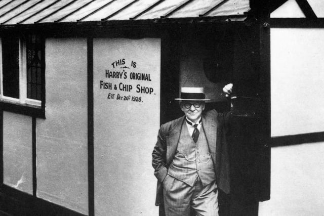 Harry Ramsden at the door of his first fish and chip shop in 1928. Three years later he moved into new premises at Guiseley, complete with fitted carpets, oak panelled walls, and chandeliers.