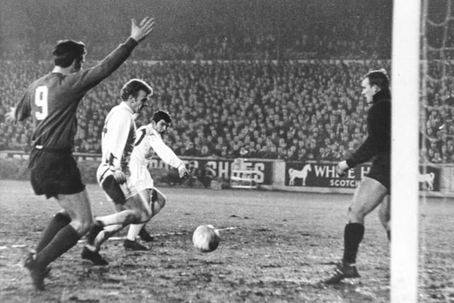 Midfield architects John Giles (right) and Billy Bremner, combine to open the way to goal against Napoli in the Inter-City Fairs Cup in November 1968.