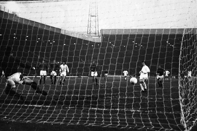 John Giles makes no mistake from the penalty spot against Bristol Rovers in the FA Cup third round clash at Elland Road in January 1972.