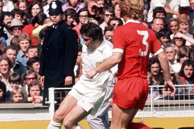 Johnny Giles in action against Liverpool in the Charity Shield in 1974.