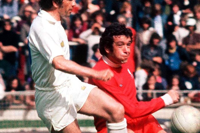 More action of John Giles in action against Liverpool during the Charity Shield in 1974.