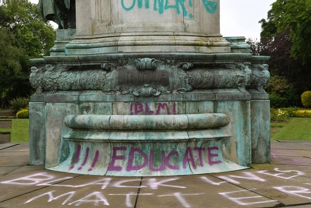 "Black Lives Matter" was sprayed on the base of the memorial.