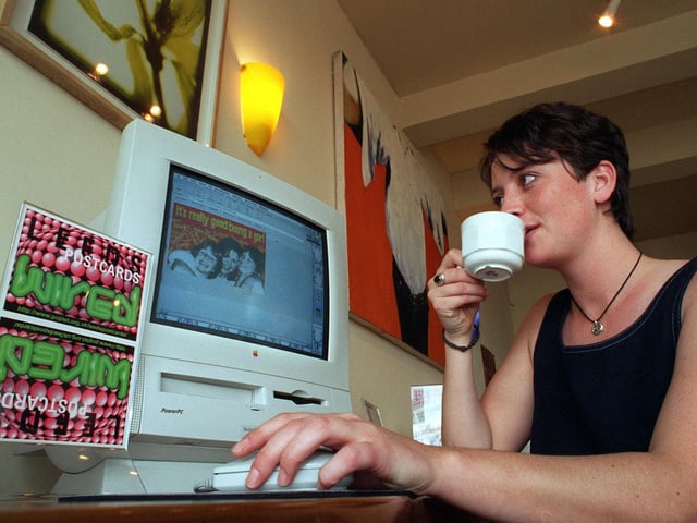 Bronwen ap Harri was sending postcards via the Internet at Planet Connect cyber cafe on Cross Belgrave Street.