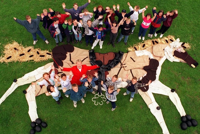 BBC children's art programme Smart filmed at Wadlands Hall Farm in Farsley. A giant horse, pictured, was made using items of riding equipment, with the help of pupils from nearby Priesthorpe High School.