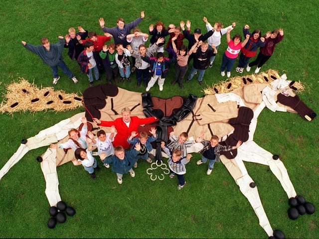BBC children's art programme Smart filmed at Wadlands Hall Farm. A giant horse, pictured, was made using items of riding equipment, with the help of pupils from nearby Priesthorpe High School.
