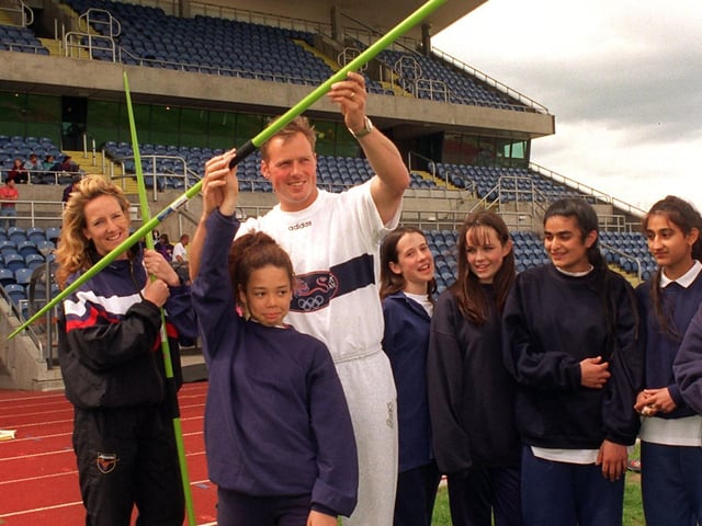 Olympic javelin thrower Mick Hill, aided by Maggie Still, athletics development officer gives throwing training for a group of girls from Parklands High at South Leeds Sports Stadium. Under tuition is Sharlene Anderson.