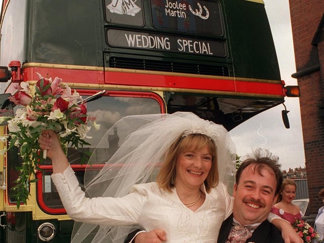 Leeds bus drivers Julie Bland and Martin O'Hara tied the knot. They were met by this 1965 AC Routemaster double decker outside St Aidans Church in which Julie had arrived earlier with her father.