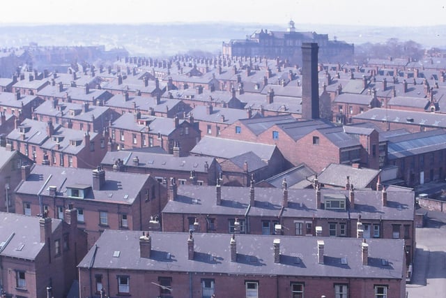A view from Armley's Christ Church tower. West Leeds High School can be seen in the distance. Moorfield laundry chimney is in the foreground.