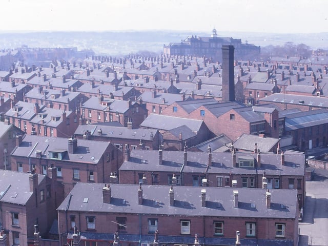A view from Armley's Christ Church tower. West Leeds High School can be seen in the distance. Moorfield laundry chimney is in the foreground.