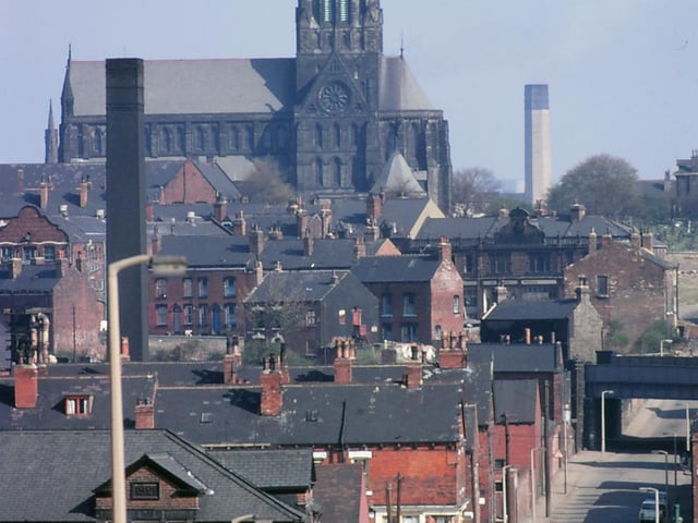 Amberley Road in 1969 with St Bartholomew's Church and the power station chimney in the background.