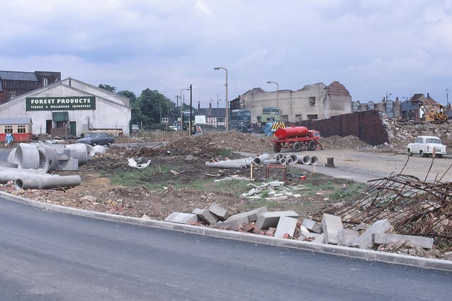 The remains of the old tram sheds at Bramley Town End. The Clifton Cinema on the left was taken over by Forest Products.