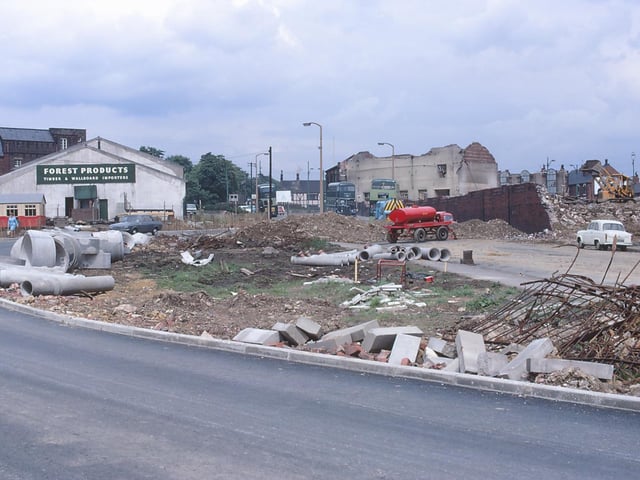 The remains of the old tram sheds at Bramley Town End. The Clifton Cinema on the left was taken over by Forest Products.