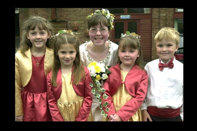 St Michaels Church Rose Queen Heather Reid, 13, with her retinue at Kirkham and Wesham Club Day in 2002. L-R  Jennifer Malings 7, Hannah Bates 6, Paige Taylor 6, Benjamin Taylor 7.