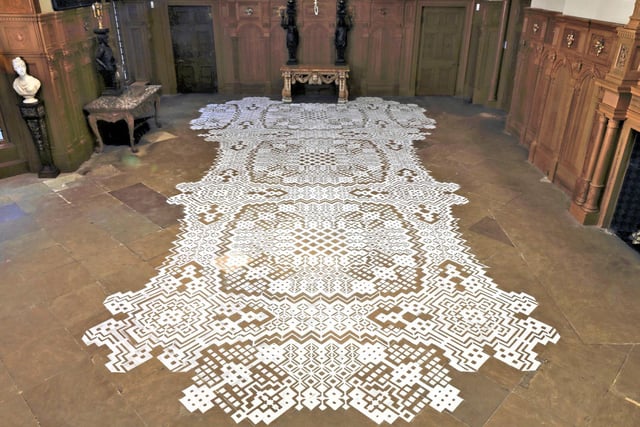 Coinciding with the mansions 500 th anniversary artist Catherine Bertola created a series of intricate patterns made using millions of grains of salt in the houses great hall.