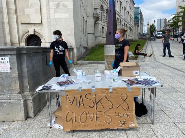Masks and gloves were handed out to those who needed them