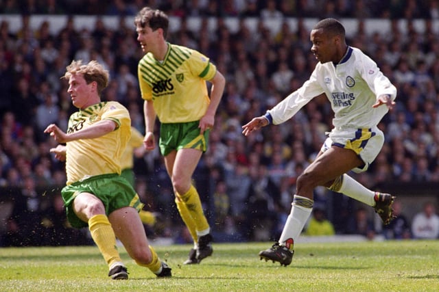 Rod Wallace fires home the winner against the Canaries in front of a capacity Elland Road crowd.