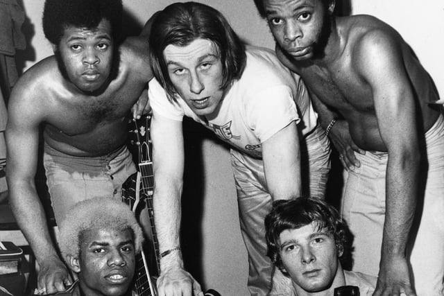 The Equals with Eddie Grant, famous of their chart-topping hit "Baby Come Back" and his dyed white hair backstage at Wigan Casino in the early 1970's
