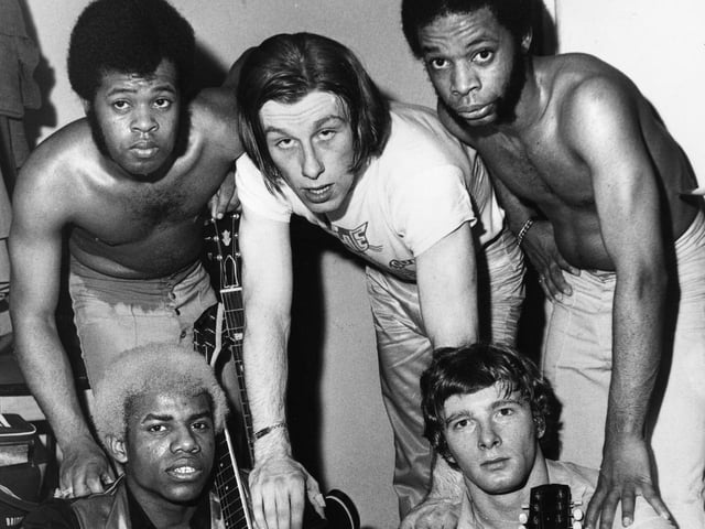 The Equals with Eddie Grant, famous of their chart-topping hit "Baby Come Back" and his dyed white hair backstage at Wigan Casino in the early 1970's