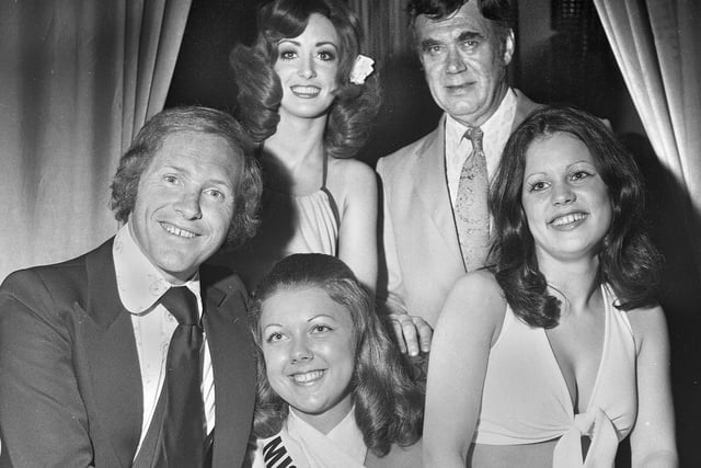 Radio One DJ "Diddy" David Hamilton (front left)  with Miss Wigan Casino Norma Leyland (front centre) and runners up on Friday 27th of July 1973, pictured with Wigan Casino manager Gerry Marshall.