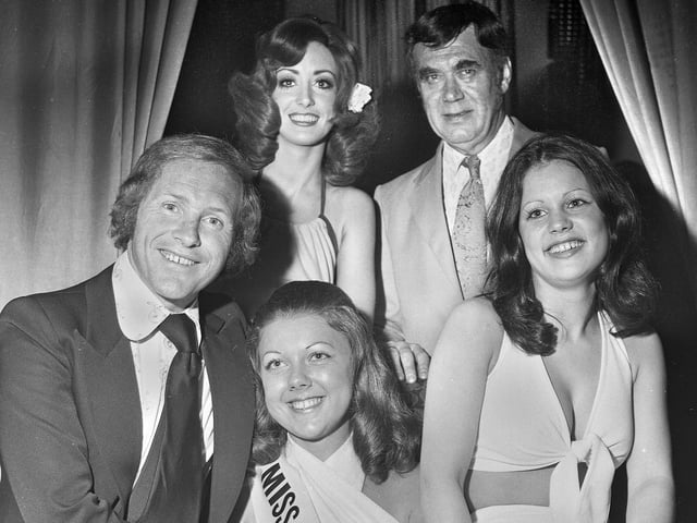 Radio One DJ "Diddy" David Hamilton (front left) with Miss Wigan Casino Norma Leyland (front centre) and runners up on Friday 27th of July 1973, pictured with Wigan Casino manager Gerry Marshall.