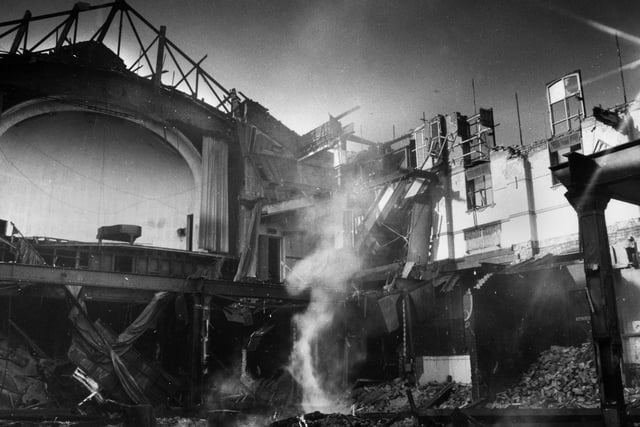 A piano still stands on the stage in the middle of the demolition of Wigan Casino in 1983 as a poignant reminder of its musical past