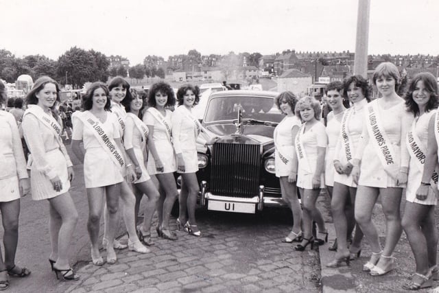 Finalists in the Miss Leeds Metro contest seen by the Lord Mayor's car.