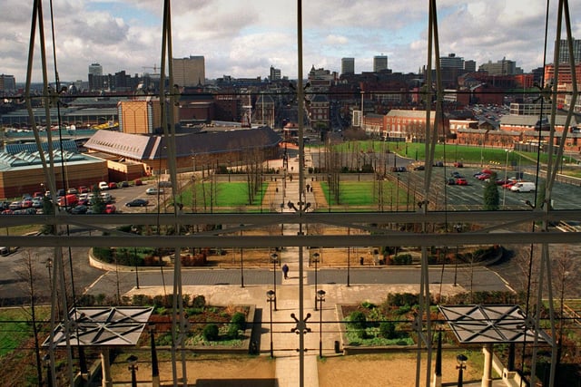 The view from inside Quarry House looking east towards Leeds city centre in March 1997.