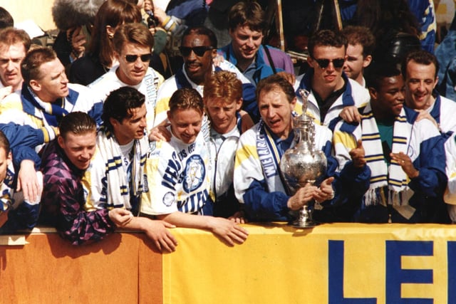 Howard Wilkinson has his hands firmly on the First Division trophy during the civic reception in May 1992.