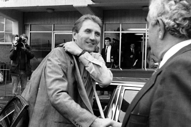 Howard Wilkinson arrives at Elland Road to be greeted by Leslie Silver to start his new job as manager in October 1988.