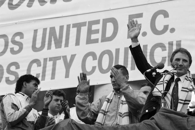 May 1990 and Howard Wilkinson waves to the crowd during a civic reception after Leeds United won the Second Division title.
