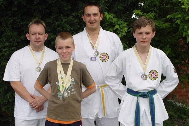 Gold medallists from Preston at the 1st BTA North West Taekwondo Championships in Shaw Rochdale are, from left to right, Barry Peake (GB National Team Coach), Chris Barwise, Chris Taylor and James Sutton. They are all members of the taekwondo school based at Much Hoole Village Hall