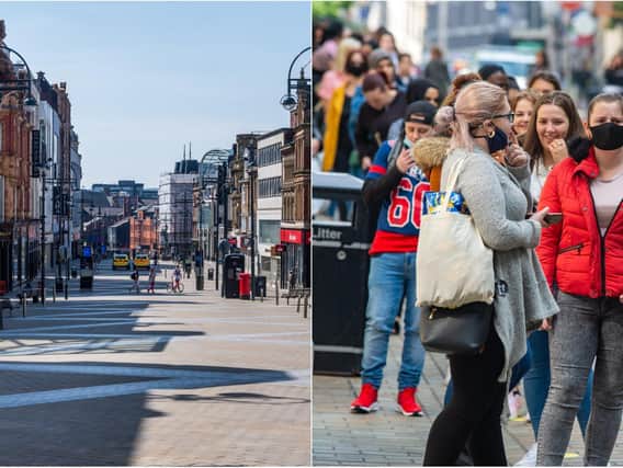 These 20 before and after photographs show the stark difference between Leeds city centre during lockdown and now the non-essential shops have reopened.