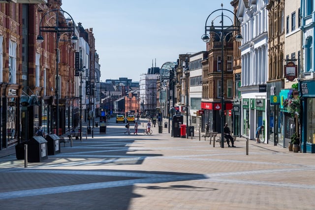 Main shopping street Briggate during the UK coronavirus lockdown when people were urged to stay at home and businesses had to close.