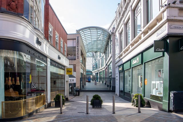The entrance into Trinity Leeds from Commercial Street during the lockdown was sealed off. Marks & Spencer's foodhall was open but only accessible on Briggate.