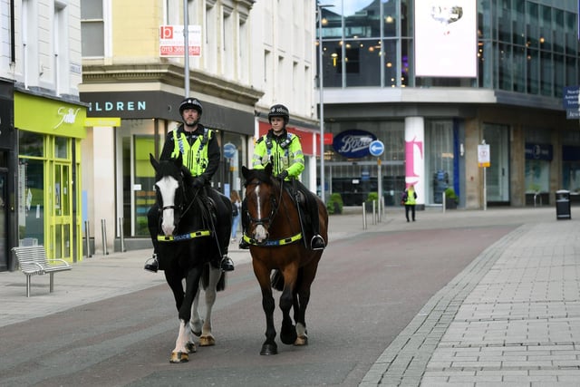 Mounted police patrolled Commercial Street during the lockdown.