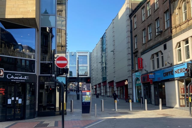Albion Street, pictured from Boar Lane, was much quieter during March, although it still saw queues due to essential retailer Wilko being open.