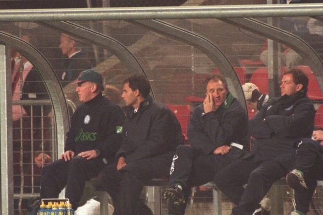 A dejected Howard Wilkinson as Leeds United are knocked out of the UEFA Cup against PSV Eindhoven at the Philips Stadium in October 1995.