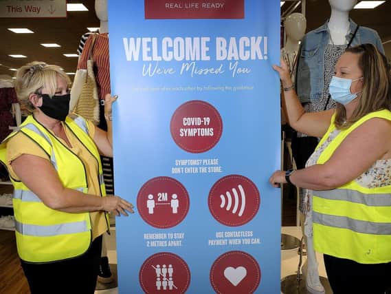 Shops open in Scarborough town centre after the Pandemic lockdown...Matalan show their careful precautions
Manager Bev Nunns with Emma Bennett