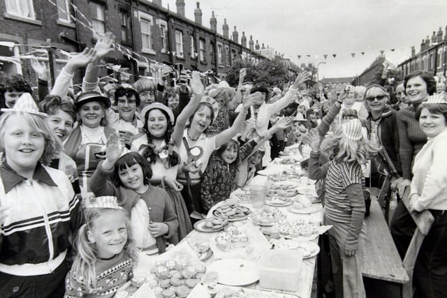Street party in full swing at Back Cross Flatts Place, Beeston, to celebrate the Queen's Silver Jubilee.