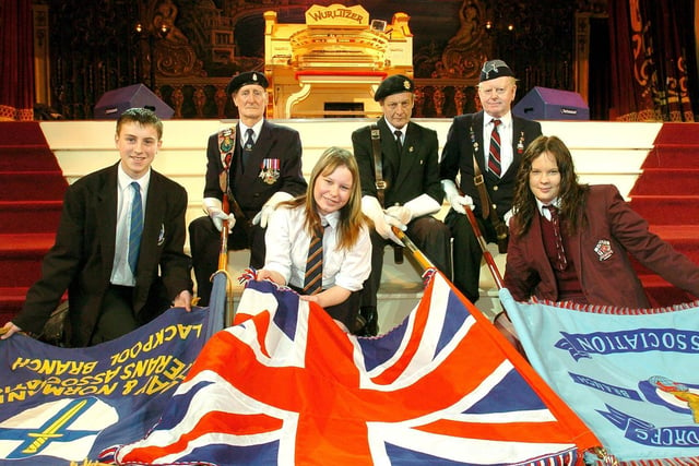Launch of Blackpools summer end of war celebrations at the Tower Ballroom,. Local schoolchildren pictured with standard bearers, from left, Matthew Drummond (St Marys Catholic High School), Charles Freathy, Jade Buchanan (Palatine High School), Gordon Lorimer, Charles Hulme and Kay Townsend (Montgomery High School)