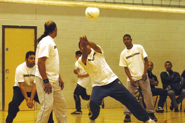 The Preston Volleyball team in action during a tournament in the sports hall at Preston College