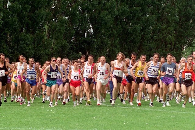 The mass start of the Freckleton half-marathon, which began and finished in Bush Lane playing fields, 1997