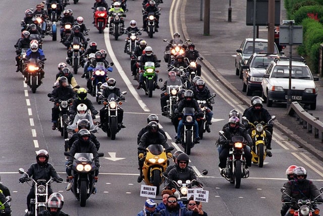 Bikers - pictured on the A64 going into Leeds - protested about not being able to use bus lanes.