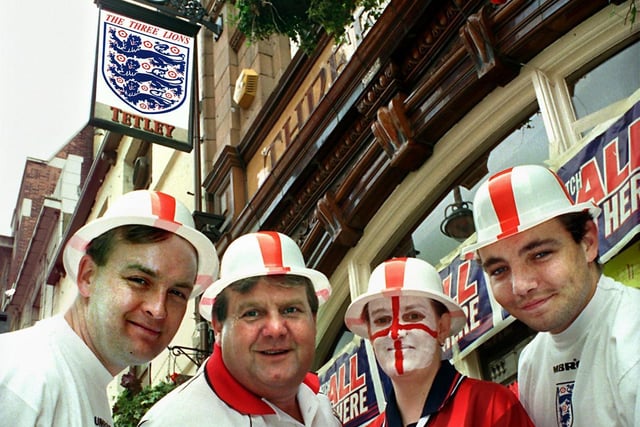 The Three Legs changed its name to The Three Lions for the day as England took on Argentina. Pictured, customer John Mitchell, landlord Geoff Rose, assistant manager Sharon Ainsley and bar staff Brian Steele.