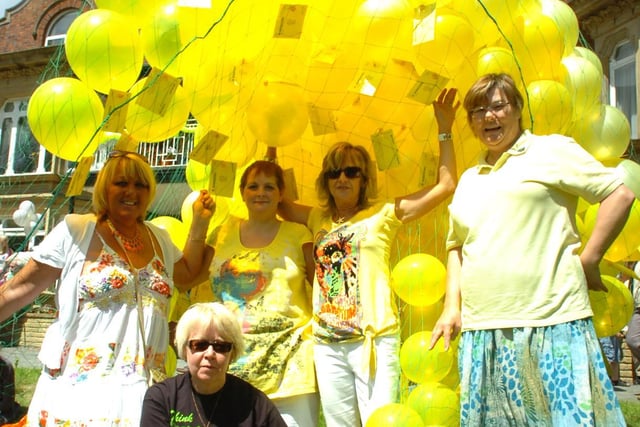 (From left) Michelle McGreavy, Sue Armstrong, Sharon Hughes, Julie Mason and Linda Swindells with the balloons for release at the St Catherines Hospice's Yellow Day in 2010