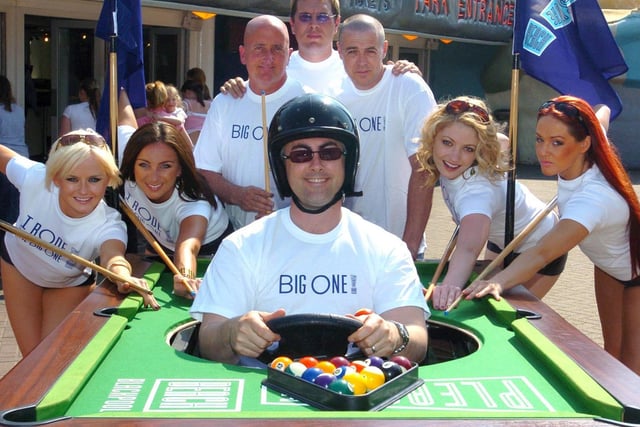 Engineers from Blackpool Pleasure Beach have made a car out of a pool table and will be taking part in the Channel Four TV show Scrapheap Challenge. From left to right, at back, are Danielle Wheeler, Yvonne Quinn; engineers Bob Eaves, Paul Clarke and Bryan Fairclough; Hannah Telford and Kelly Willars. In the driving seat is Steve Thompson
