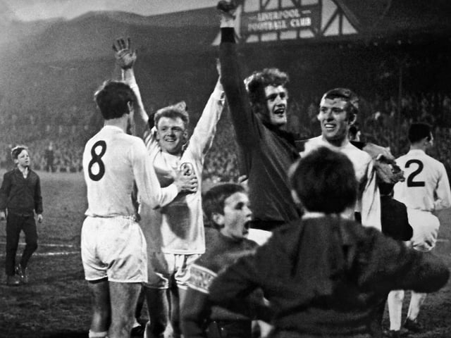 The Whites secured the title in April 1969 with a goalless draw 0-0 draw with challengers Liverpool at Anfield, whose supporters congratulated the Leeds team.